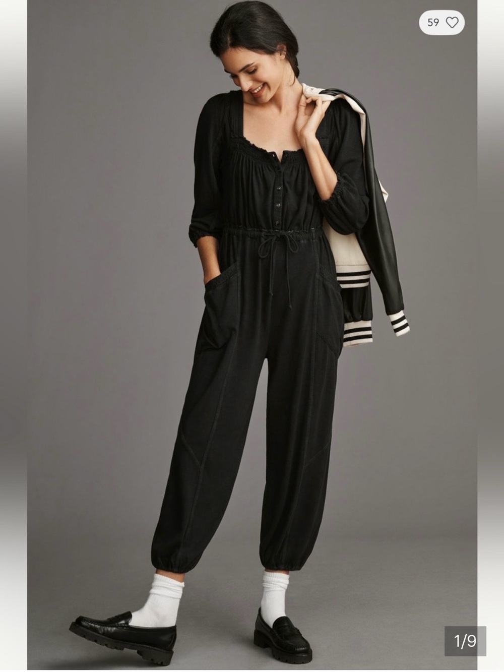 Relaxed Black Drawstring Jumpsuit with Button Front